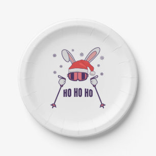 Skiing Santa Rabbit with Santa Hat and ski poles S Paper Plate