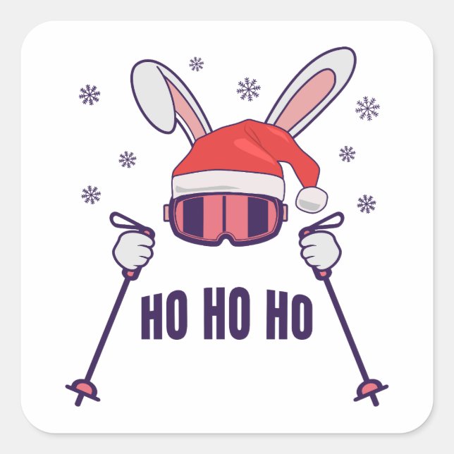Skiing Santa Rabbit with Santa Hat and ski poles S Square Sticker (Front)
