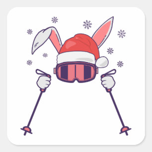 Skiing Santa Rabbit with Santa Hat and ski poles S Square Sticker