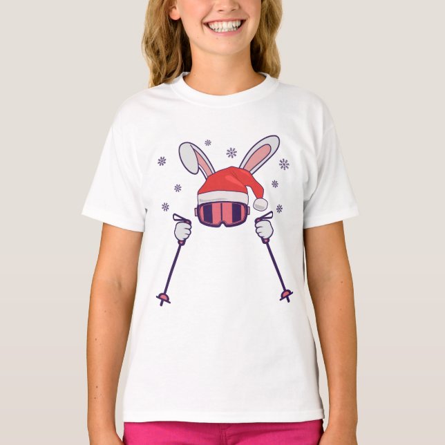Skiing Santa Rabbit with Santa Hat and ski poles S T-Shirt (Front)