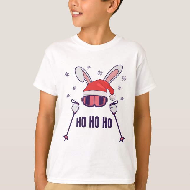 Skiing Santa Rabbit with Santa Hat and ski poles S T-Shirt (Front)