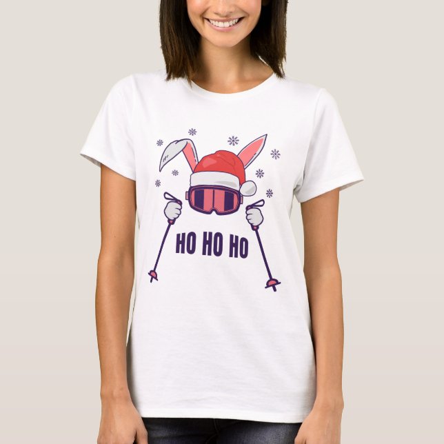 Skiing Santa Rabbit with Santa Hat and ski poles S T-Shirt (Front)