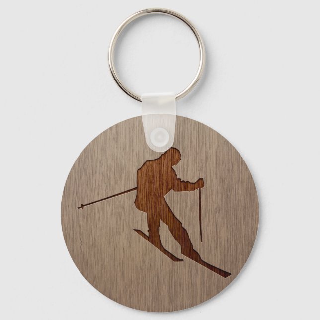 Skiing silhouette engraved on wood design key ring (Front)