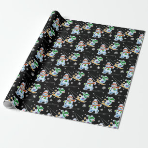 Skiing Skating snowmen matte black Wrapping Paper