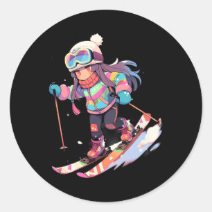 Skiing Ski Snow Skier Chibi Girls Children _1 Classic Round Sticker