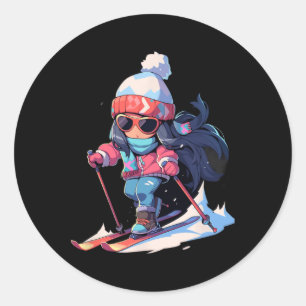 Skiing Ski Snow Skier Chibi Girls Children Classic Round Sticker