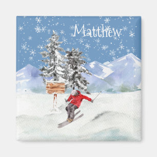 Skiing Skier Snow Personalised Watercolor Magnet