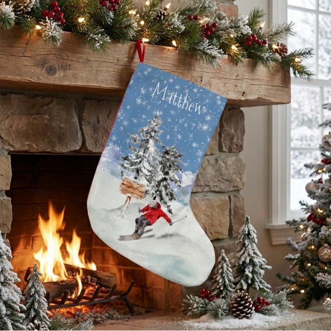 Skiing Skier Snow Personalised Watercolor  Small Christmas Stocking (Creator Uploaded)
