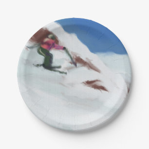 Skiing Snow Mountain Art Paper Plate