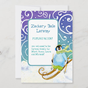 Skiing Snowboarder Penguin Baby Birth Announcement