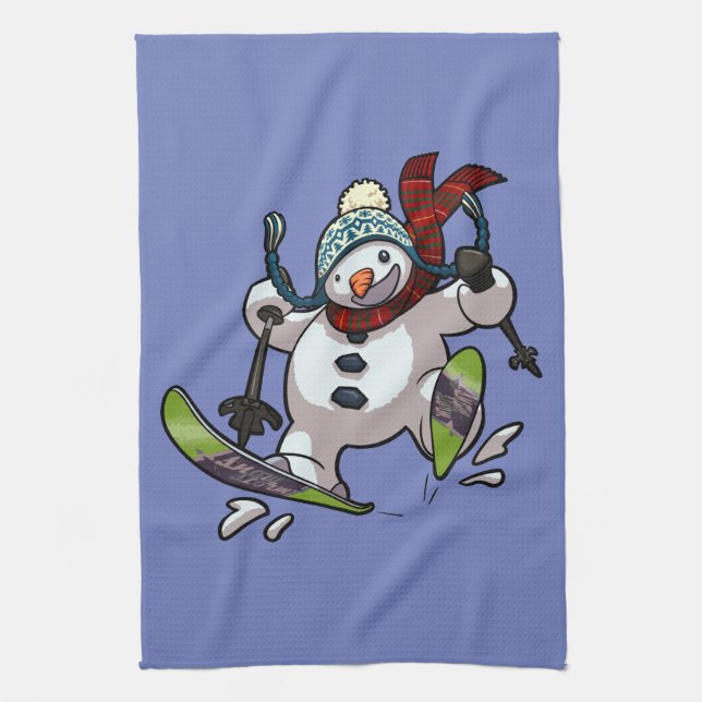 Skiing Snowman In Woolly Christmas Hat Cartoon Tea Towel (Vertical)