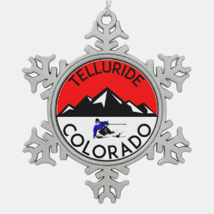 Skiing Telluride Colorado Ski Snowflake Pewter Christmas Ornament