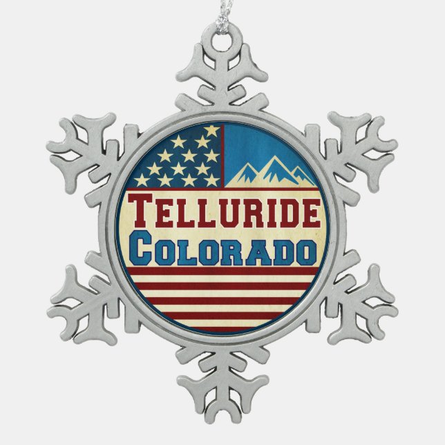 Skiing Telluride Colorado Skiing Snowflake Pewter Christmas Ornament (Front)