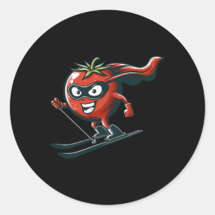 Skiing Tomato Superhero Mascot Winter Sports Humor Classic Round Sticker