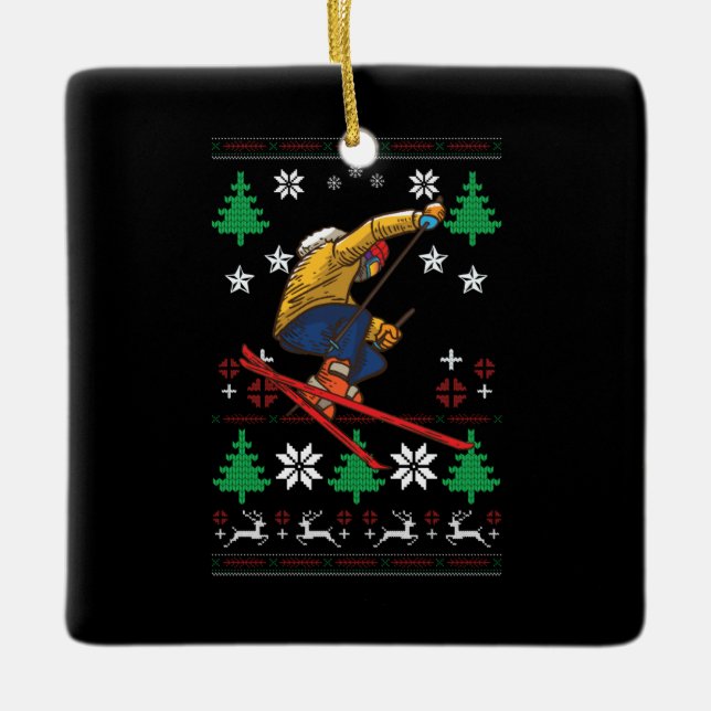 Skiing Ugly Christmas Ceramic Ornament (Front)