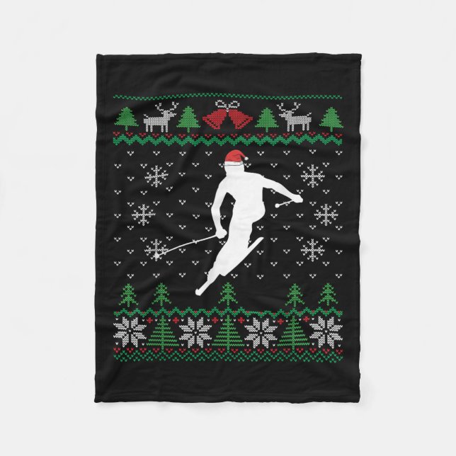 Skiing Ugly Christmas Ski Santa Claus Skier  Fleece Blanket (Front)