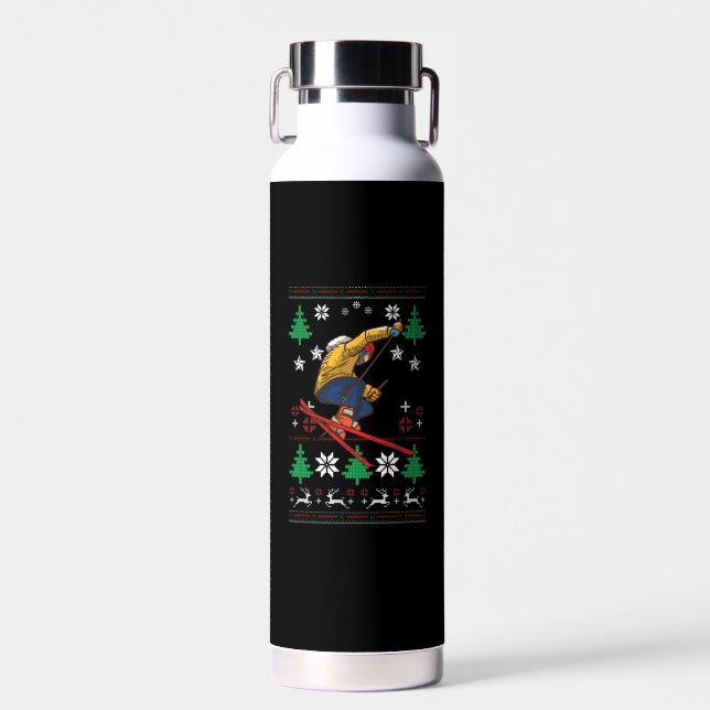Skiing Ugly Christmas Water Bottle (Front)