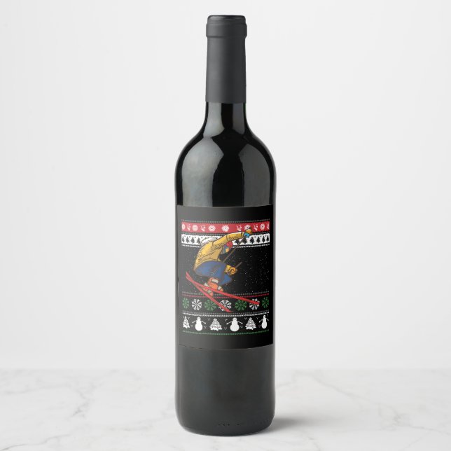 Skiing Ugly Christmas Wine Label (Front)