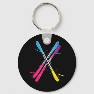 Skiing, Vibrant Design, Crossed Skis T-shirt.png Key Ring