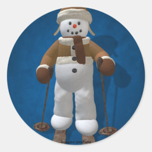 Skiing Vintage Snowman Classic Round Sticker