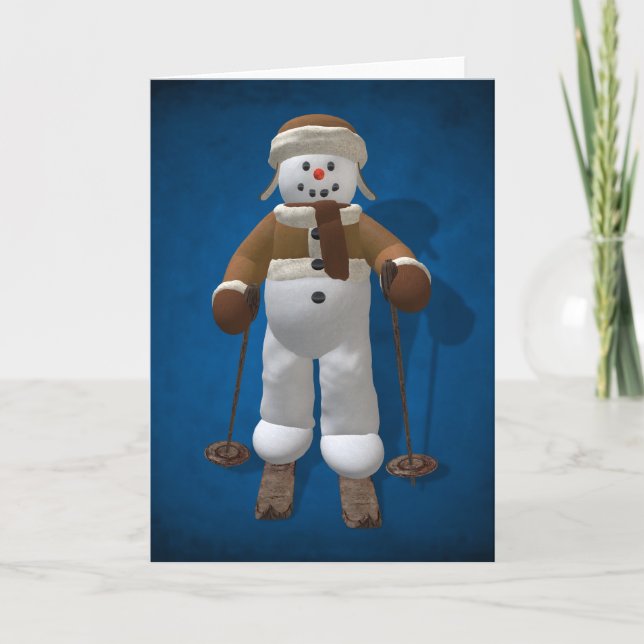 Skiing Vintage Snowman Holiday Card (Front)