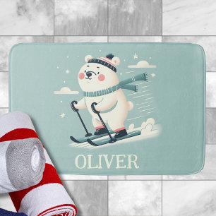 Skiing Whimsical Cute Polar Bear Personalised Bath Mat