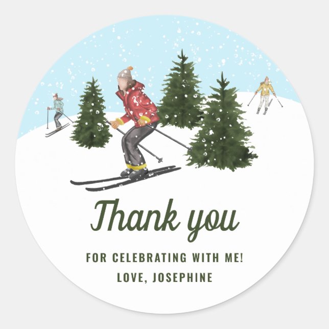 Skiing Winter Women Ski Birthday Thank You Classic Round Sticker (Front)