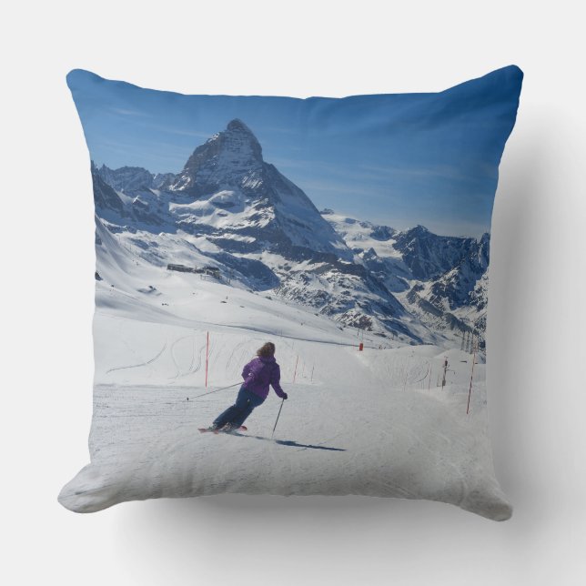 Skiing with Mt. Matterhorn in Zermatt, Switzerland Cushion (Front)