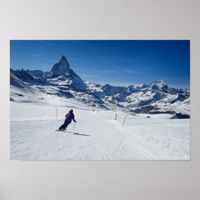 Skiing with Mt. Matterhorn in Zermatt, Switzerland Poster (Front)