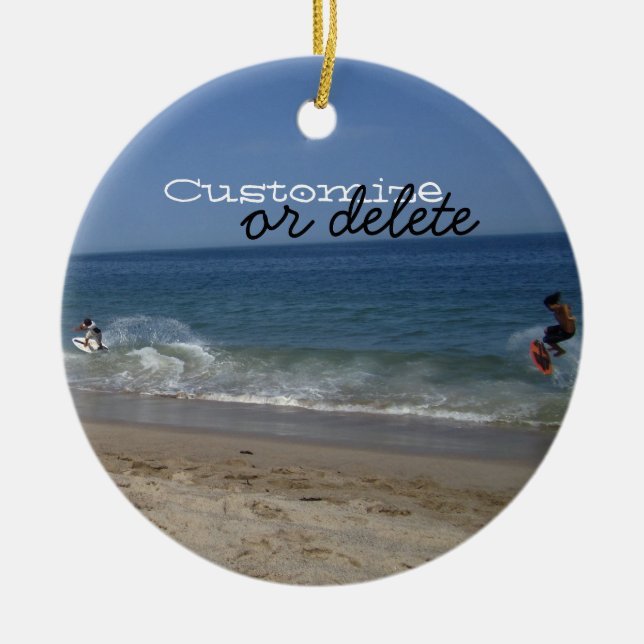 Skimboarders in the Surf; Customisable Ceramic Ornament (Front)