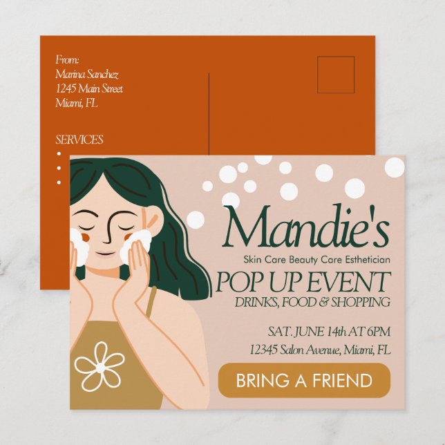 Skin Care Aesthetician Business Salon Pop-Up Event Postcard (Front/Back)