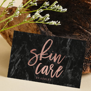Skin care chic faux rose gold script black marble business card