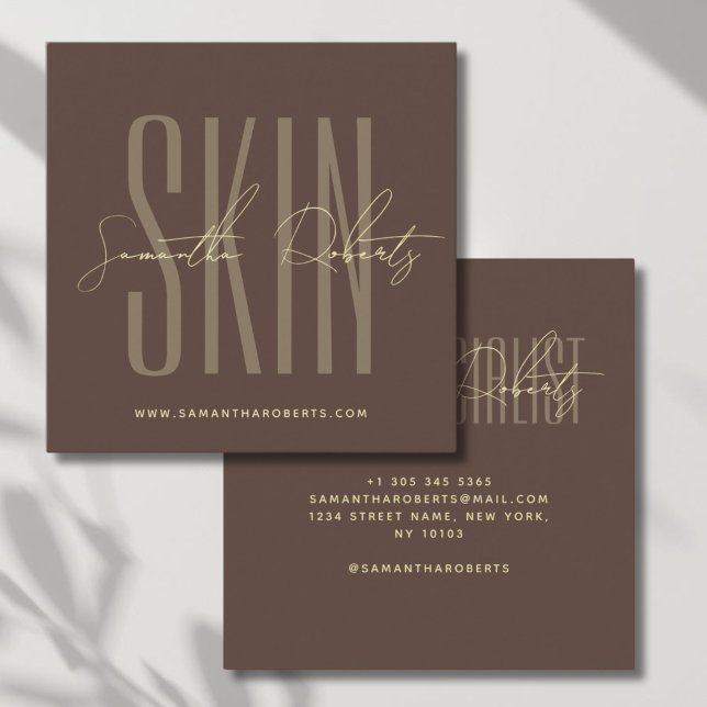 Skin care expert modern typography script brown  square business card (Creator Uploaded)