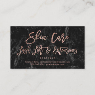 Skin care lash rose gold script black marble loyalty card