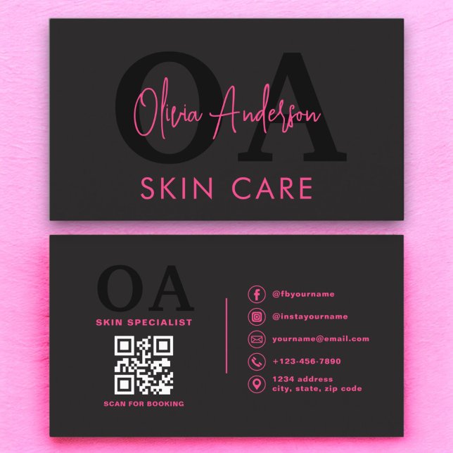 Skin Care QR Code Hot Pink Black Social Media Business Card (Creator Uploaded)
