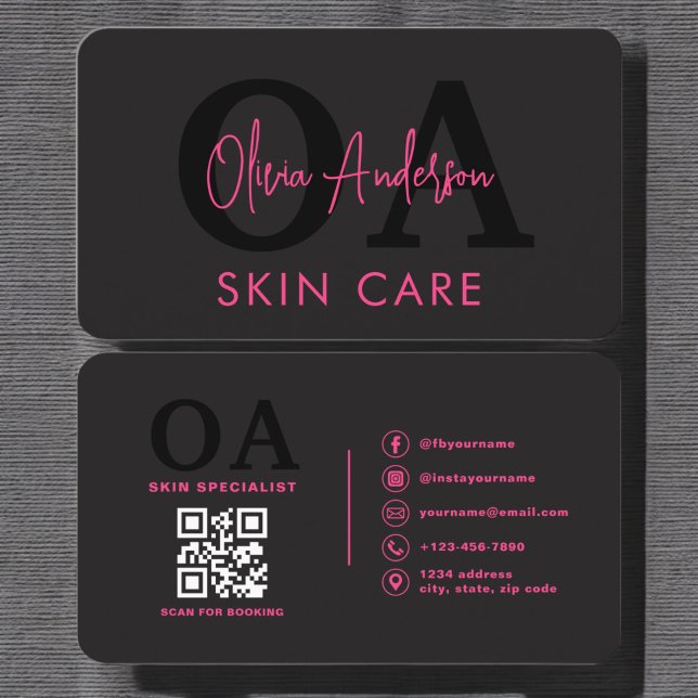 Skin Care QR Code Hot Pink Black Social Media Business Card (Creator Uploaded)