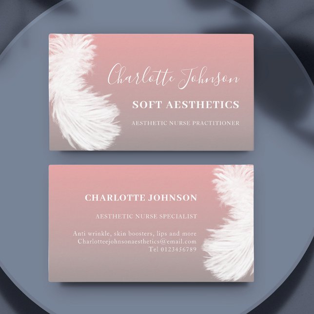 Skincare Aesthetic Nurse Pink  Business Card (Skincare aesthetics nurse professional feather on modern pink business card)