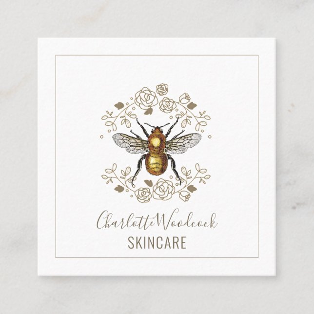 Skincare Aesthetician Golden Bee And Rose Laurel Square Business Card (Front)