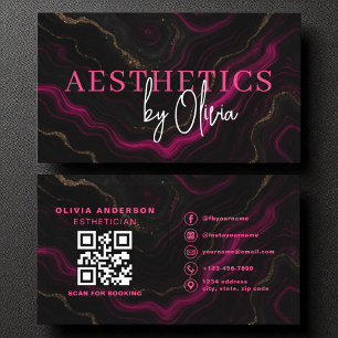 Skincare Aesthetician QR Code Hot Pink Black Agate Business Card