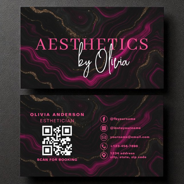 Skincare Aesthetician QR Code Hot Pink Black Agate Business Card (Creator Uploaded)