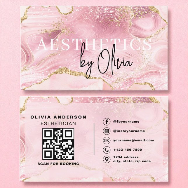 Skincare Aesthetician QR Code Pink Agate Mable Business Card (Creator Uploaded)