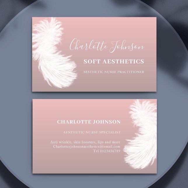 Skincare Aesthetics Nurse Pink  Business Card (Aesthetic nurse specialist skincare professional pink business card with feather artwork)