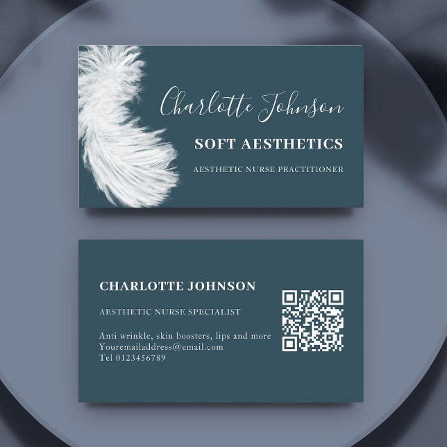 Skincare Nurse Modern Blue Feather QR code Business Card (Aesthetic nurse specialist navy website QR code blue professional business card)
