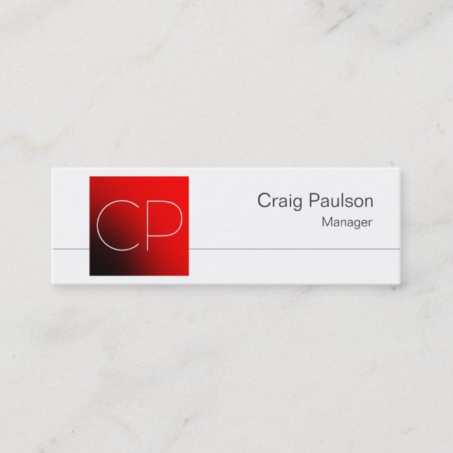 Skinny Black White Red Monogram Business Card (Front)