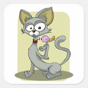 Skinny Cat and Pink Bird Square Sticker