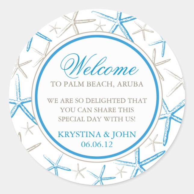 Skinny Finger Starfish Wedding Welcome Classic Round Sticker (Front)