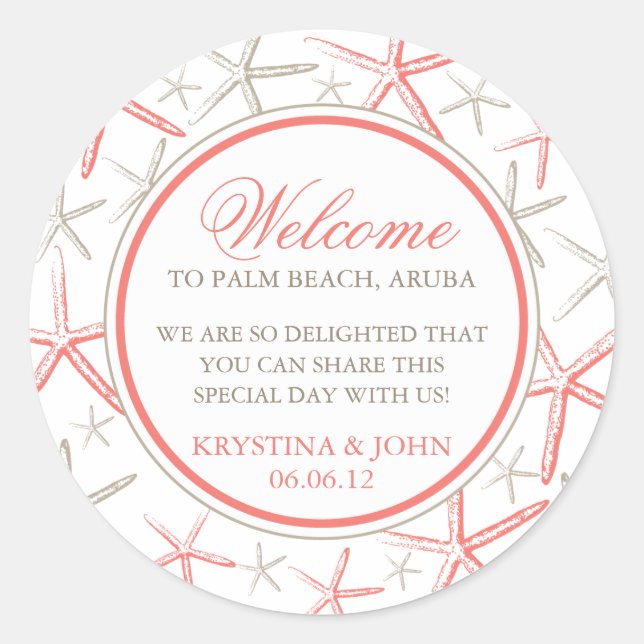Skinny Finger Starfish Wedding Welcome Classic Round Sticker (Front)