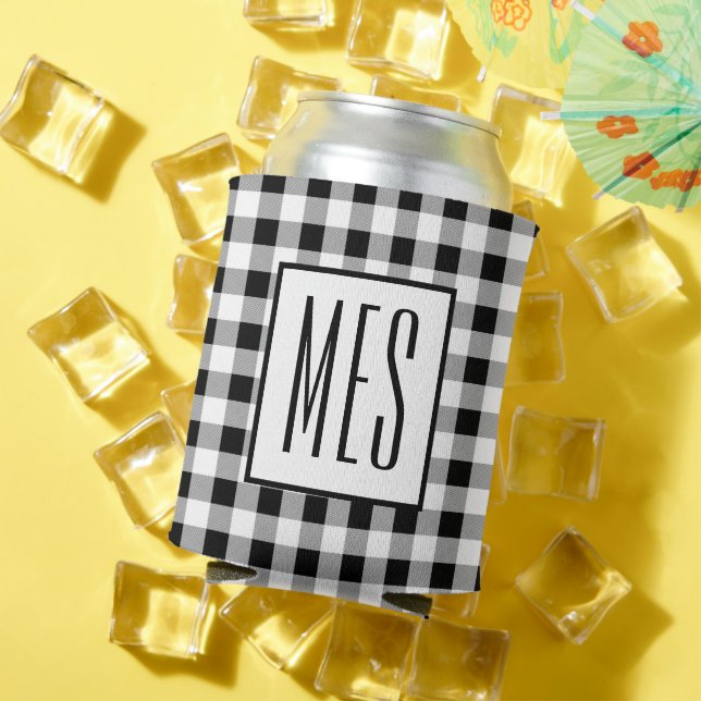 Skinny Monogram Initials, Buffalo Check Pattern Can Cooler (In Situ Summer)