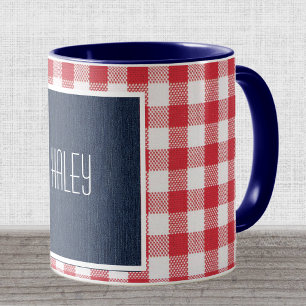Skinny Name Navy Blue Denim Red White Gingham Mug