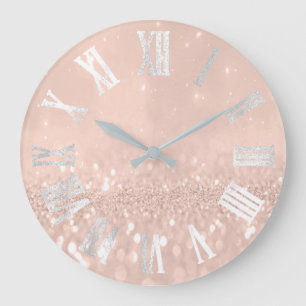 Skinny Peach Rose Glitter Metallic Roman Numers Large Clock